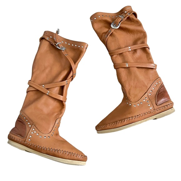 Vintage ‘Hector Riccione’ Pull Up Caramel Tan Calfskin Moccasin Boots Stud Tie - Picture 1 of 16